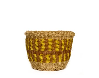 Round Yellow and Brown Plant Pot Cover | Small Item Storage Basket | Handwoven, Ethical, One of a Kind Little Basket