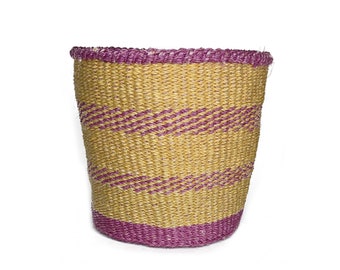 Natural and Purple Plant Pot Cover | Medium Storage Basket | Handwoven, Ethical, Unique Round Basket