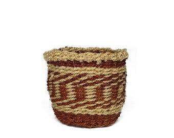 Round Brown and Natural Plant Pot Cover | Small Item Storage Basket | Handwoven, Ethical, One of a Kind Little Basket
