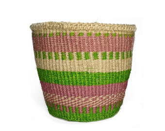 Green and Natural Plant Pot Cover | Medium Item Storage Basket | Handwoven, Ethical, One of a Kind Basket
