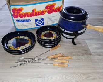 DDR Fondue Set Emaille blau floral