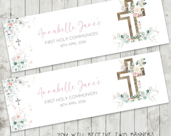 Girls First Holy Communion Banner x 2 - Party Decoration, Party Decor - Pink Floral Cross