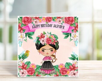 Tarjeta de cumpleaños personalizada de Frida Kahlo: lámina artística colorida para mujer.