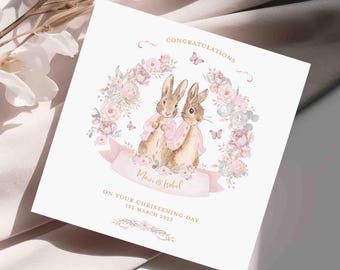 Tarjeta de bautizo para niñas gemelas - Conejo vintage - Rosa