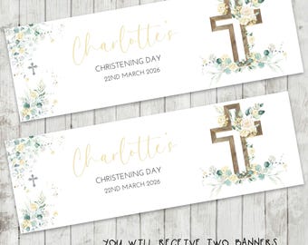 Christening Banner x 2 - Party Decoration, Party Decor - Yellow/Green Floral Cross