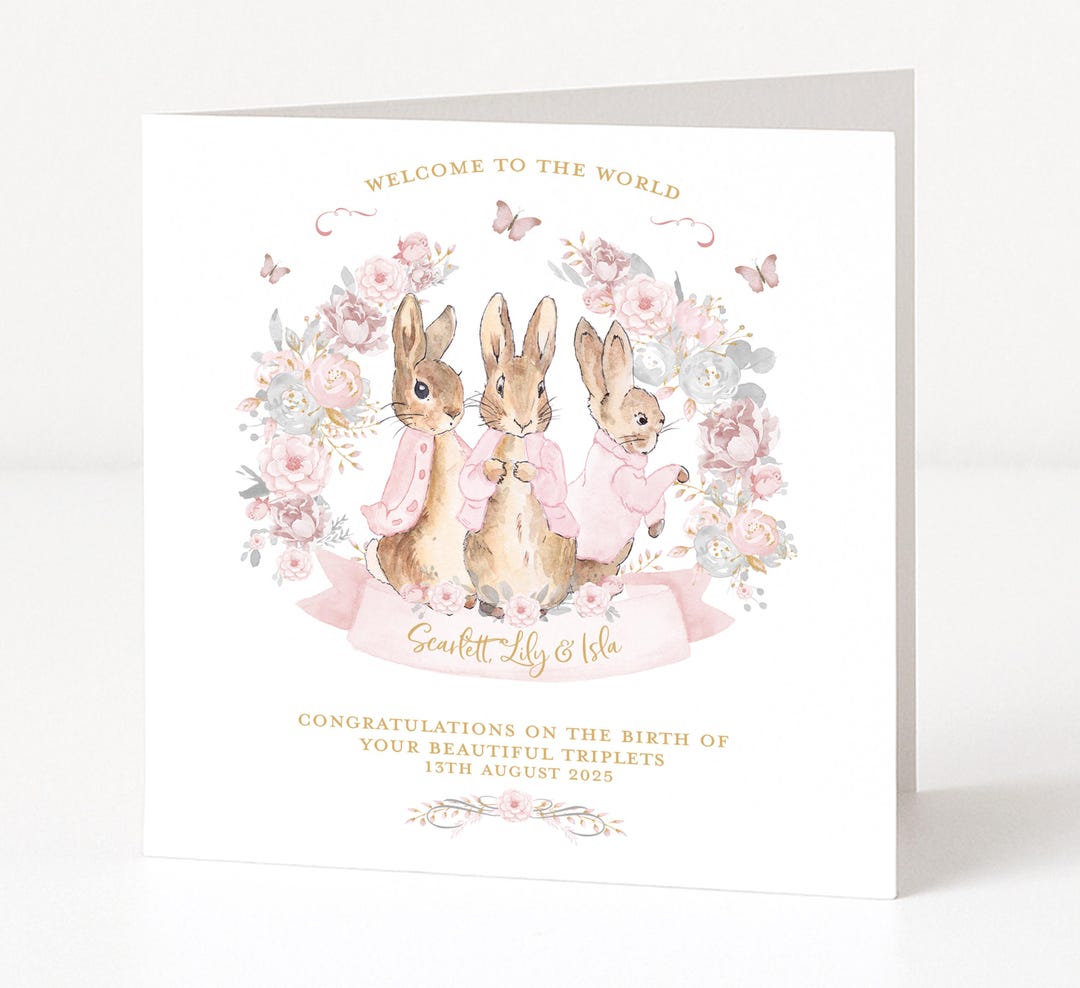 Triplets From Peter Rabbit Peter Rabbit New Baby Triplets Girl Card, Newborn Card, Baby Gift ...