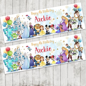 May include: Two rectangular banners with a white background, featuring colorful illustrations of Disney characters. The banners read "Happy 6th Birthday Archie" in gold and red. Balloons and a castle are also depicted.