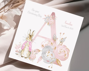 Peter Rabbit Girls Christening Card - Any Initial - Flopsy Bunny