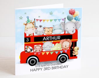 Personalised Fun Bus Birthday Card - Jungle Animals, London Bus, Son Grandson