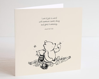 Tarjeta de Winnie the Pooh con mensaje: El amor es solo una palabra - Aniversario San Valentín Te amo