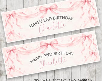 Personalised Pink Bow Birthday Banner - Girls Birthday - Watercolour Ribbon Party Decoration - Set of Two