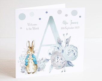 Peter Rabbit New Baby Boy Card, Newborn Card, Baby Gift. Any Initial Available.