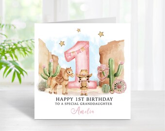 Personalised Cowgirl 1st Birthday Card – First Rodeo Theme - Brown Hair Cowgirl
