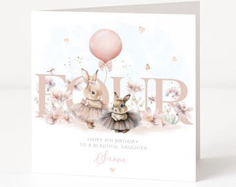 Personalised Girls Fourth Birthday Card, Daughter, Granddaughter, 4th Birthday, Cute Bunny.