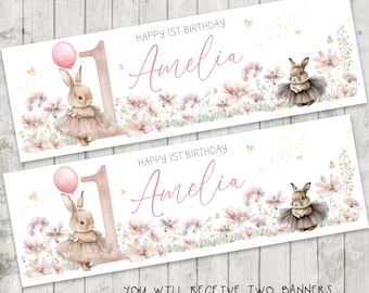 Personalised Bunny birthday Banner x 2 Banners. Age 1-9