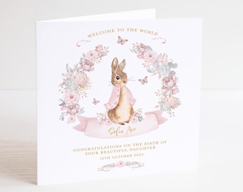 Peter Rabbit New Baby Girl Card, Newborn Card, Baby Gift - Welcome to the World
