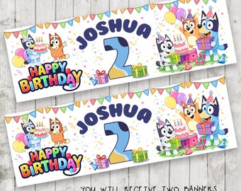 Pancarta de cumpleaños infantil con diseño de perro azul x 2 - Decoración para fiestas