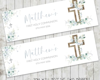 Boys First Holy Communion Banner x 2 - Party Decoration, Party Decor - Blue Floral Cross