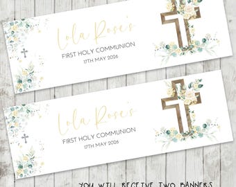 First Holy Communion Banner x 2 - Party Decoration, Party Decor - Yellow/Green Floral Cross