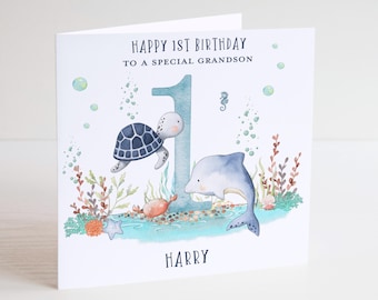 Tarjeta de cumpleaños para niños bajo el mar, regalo de cumpleaños para hijo y nieto de 1 a 9 años