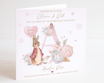Peter Rabbit New Baby Girl Card, Newborn Card, Baby Gift. Any Initial Available, Bunny Rabbit