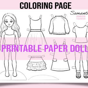 Coloring Page "Samantha" Printable Paper Doll Black & White Page, DIY Art Hobby. Instant Download High Res JPEG Files