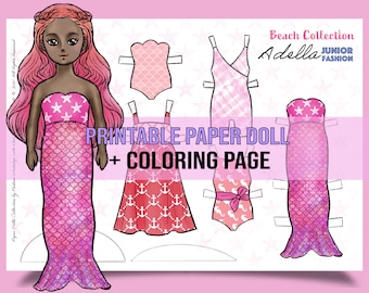 Lalka papierowa Adella Pink Mermaid: Kolekcja plażowa, Kolorowanka (Pliki do druku)