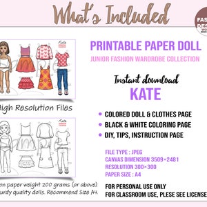 Kate Printable Paper Doll With Coloring Page for Fashion Design,diy Art Hobby. Instant Download ...