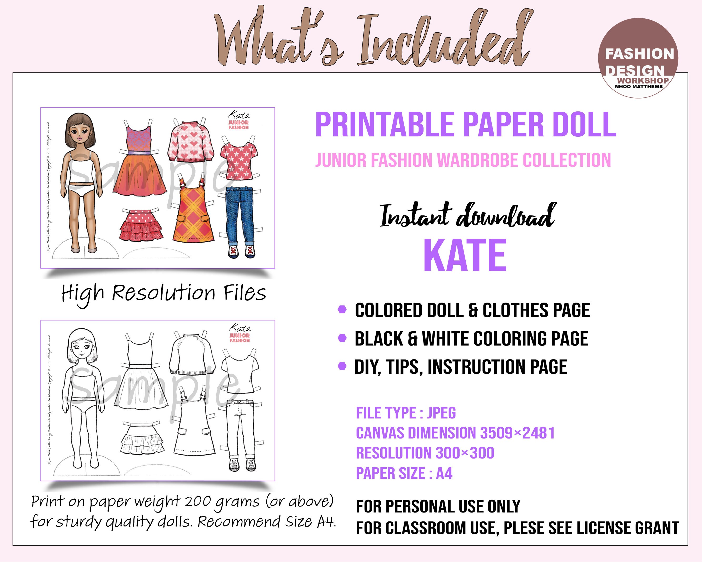 Kate Printable Paper Doll With Coloring Page for Fashion Design,diy Art ...