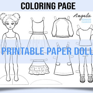 Pagina da colorare "Angela" Bambola di carta stampabile Pagina in bianco e nero, Hobby d'arte fai-da-te. Download istantaneo di file JPEG ad alta risoluzione