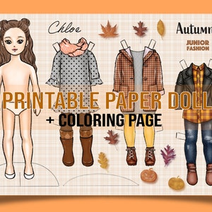 Chloe bambola di carta stampabile alla moda autunnale con pagina da colorare per design di moda, hobby artistico fai da te. Download istantaneo di file JPEG ad alta risoluzione