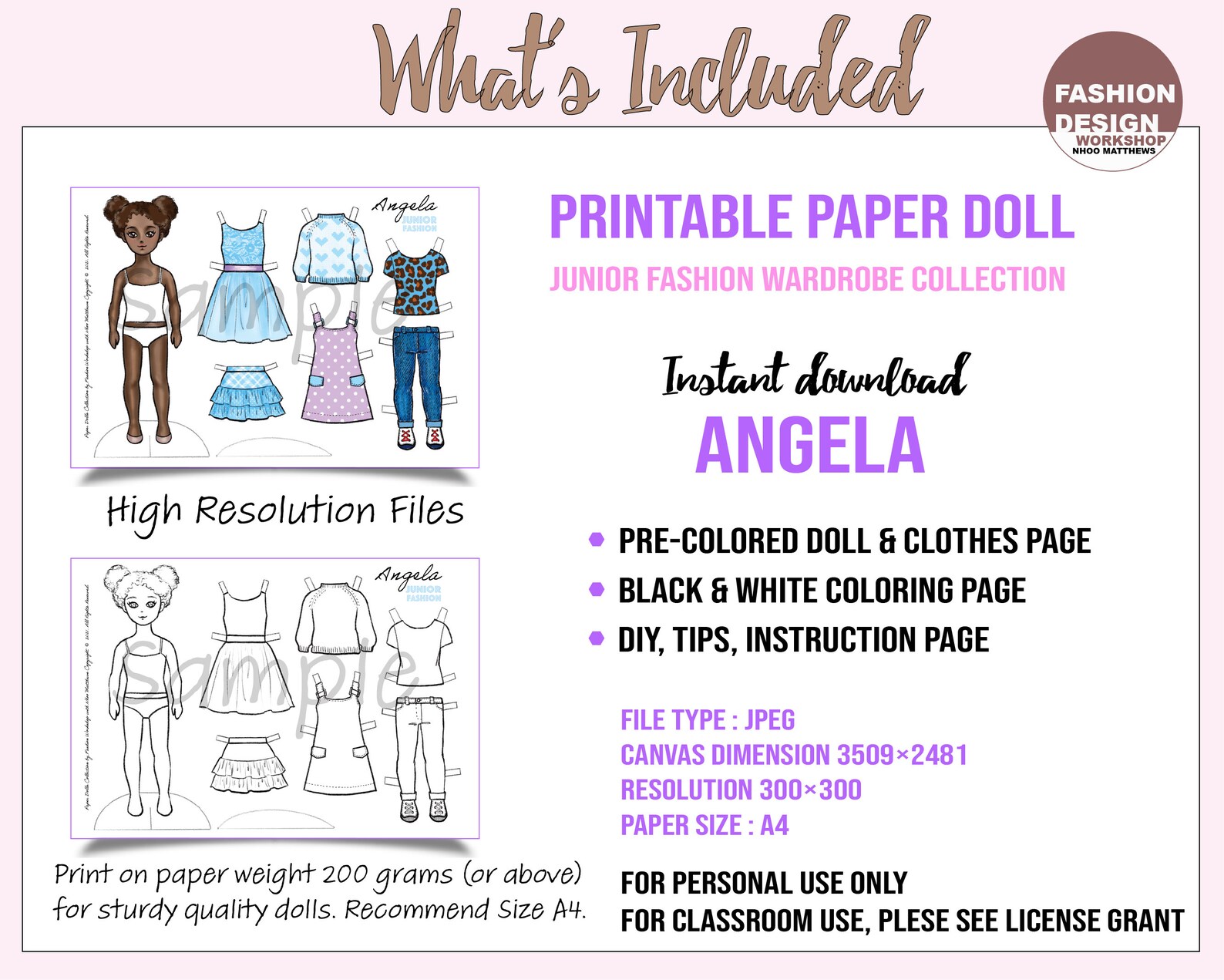 Angela Printable Paper Doll With Coloring Page for Fashion Design,diy ...
