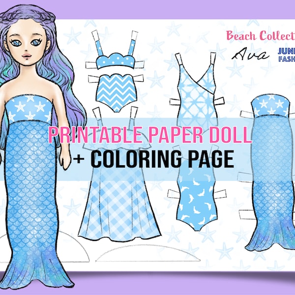 Ava Blue Mermaid Printable Paper Doll with Coloring Page for Fashion Design,DIY Art Hobby. Instant Download High Res JPEG Files