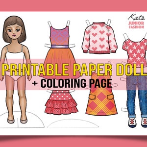 Kate Printable Paper Doll with Coloring Page for Fashion Design,DIY Art Hobby. Instant Download High Res JPEG Files