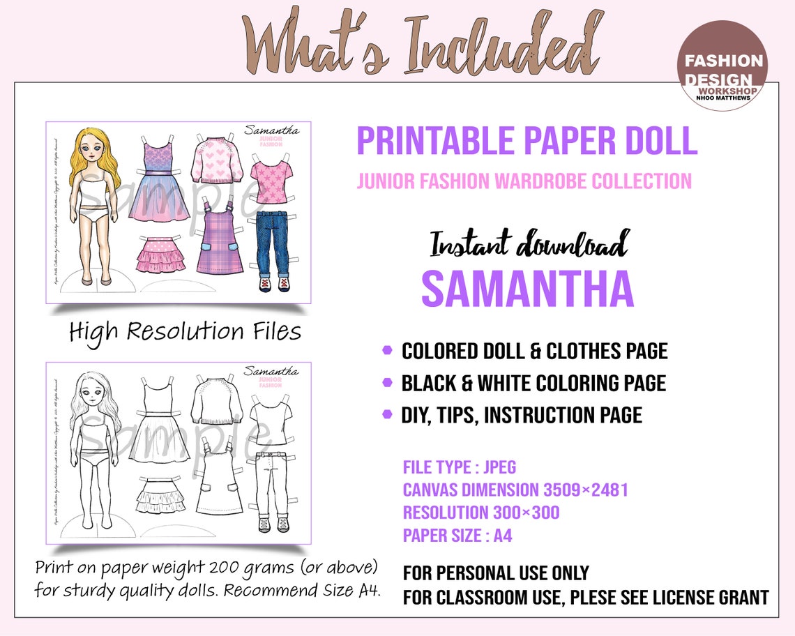 Samantha Printable Paper Doll With Coloring Page for Fashion - Etsy