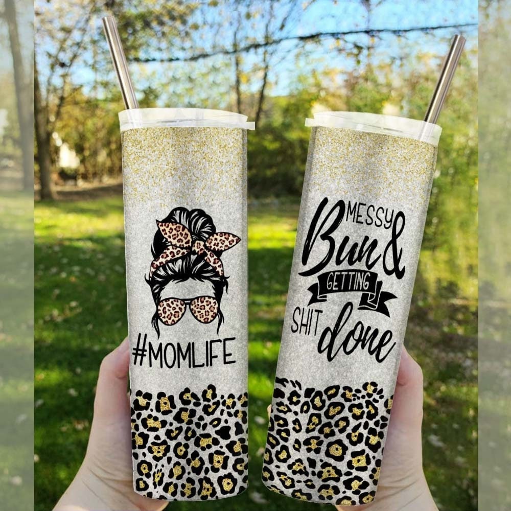 Leopard messy bun mom life Tumblers-Custom Name