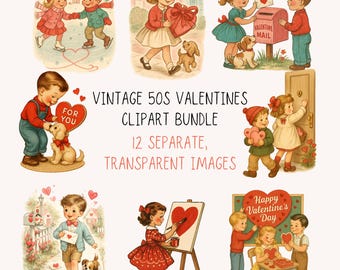 Valentines Day Vintage 50s Clipart Bundle, 12 Digital Download Retro PNG Images
