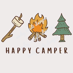 Happy Camper PNG / Toddler, Kids Outdoors Camping Design / Marshmallows, Campfire, Tree / Digital Download for Sublimation