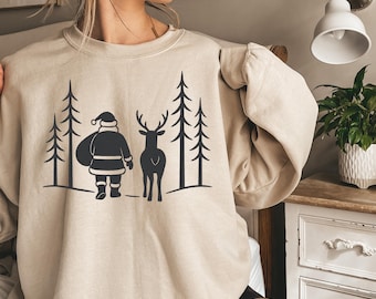 Santa and Reindeer Minimalist PNG, Christmas Sketch Simple Design, Digital Download for Sublimation