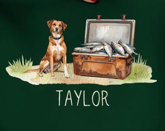Dog with Fish PNG, Watercolor Hunting Fishing Design, Digital Download for Sublimation