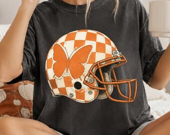 Orange Checkered Football Helmet with Butterfly, Football Season Design, Digital Download for Sublimation