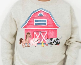 Animales de granja en acuarela PNG, granero con caballo, cerdo, vaca, pato/Diseño de camiseta para niño/Descarga digital para sublimación
