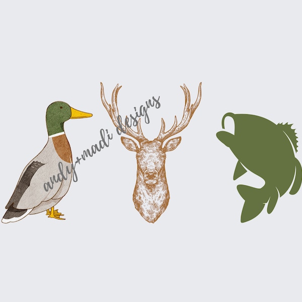 Duck,Deer,Bass PNG / Hunting, Fishing, Watercolor Design / Digital Download for Sublimation