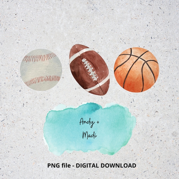 Sports Balls PNG / DIGITAL DOWNLOAD, watercolor, basketball, baseball, football, Kids sports design