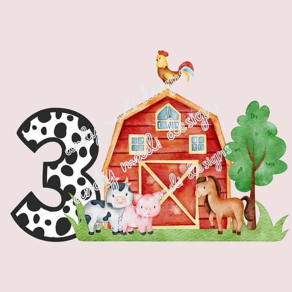 3rd Birthday Farm PNG / Barnyard Party Design for Toddler  with Cow, Pig, Horse, Chicken / Digital Download for Sublimation