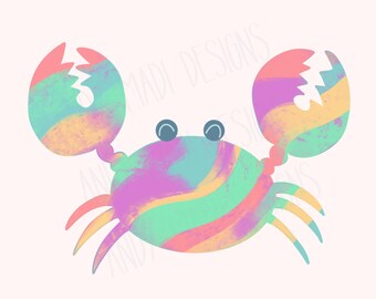 Colorful Crab PNG, Painted Hand Drawn Summer Design, Digital Download for Sublimation