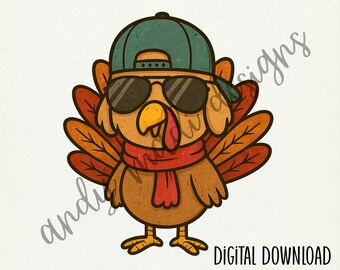 Boys Turkey PNG, Turkey with Hat and Sunglasses, Digital Download for Sublimation