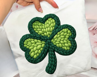 Faux Broderi Shamrock PNG, Chunky Garn Faux Virkad St Patrick's Day Design, Digital Nedladdning för Sublimering