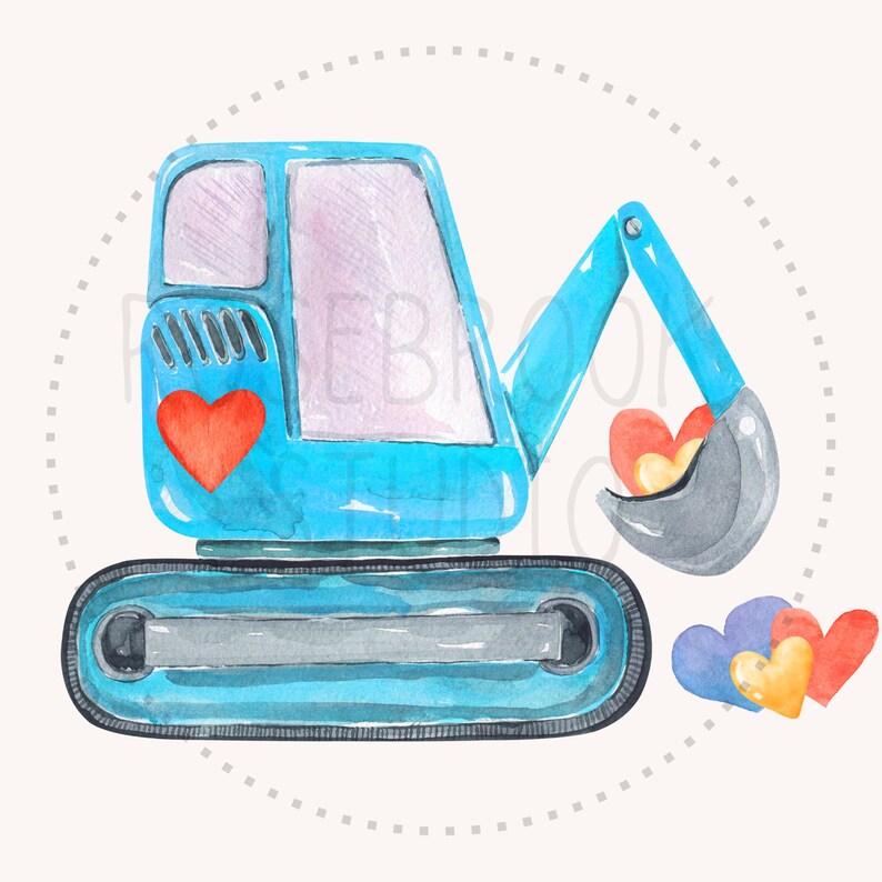 Watercolor Valentines Excavator PNG, Valentine Day Shirt Design for Kids, Digital Download for Sublimation image 2