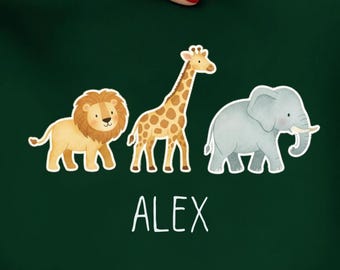 Desenho PNG de animais do zoológico, leão, girafa e elefante para meninos/crianças, download digital para sublimação.